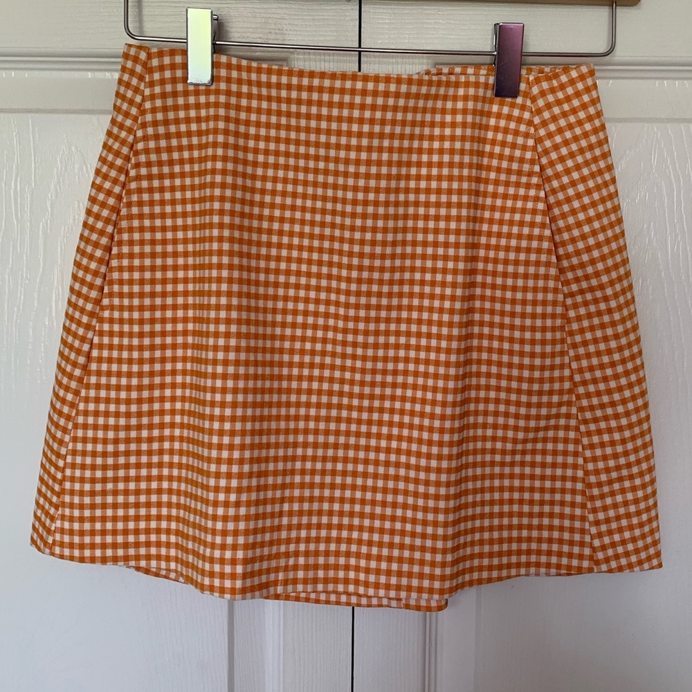 Urban Outfitters Mini Skirt Checked Gingham Mango Orange with Side Pockets